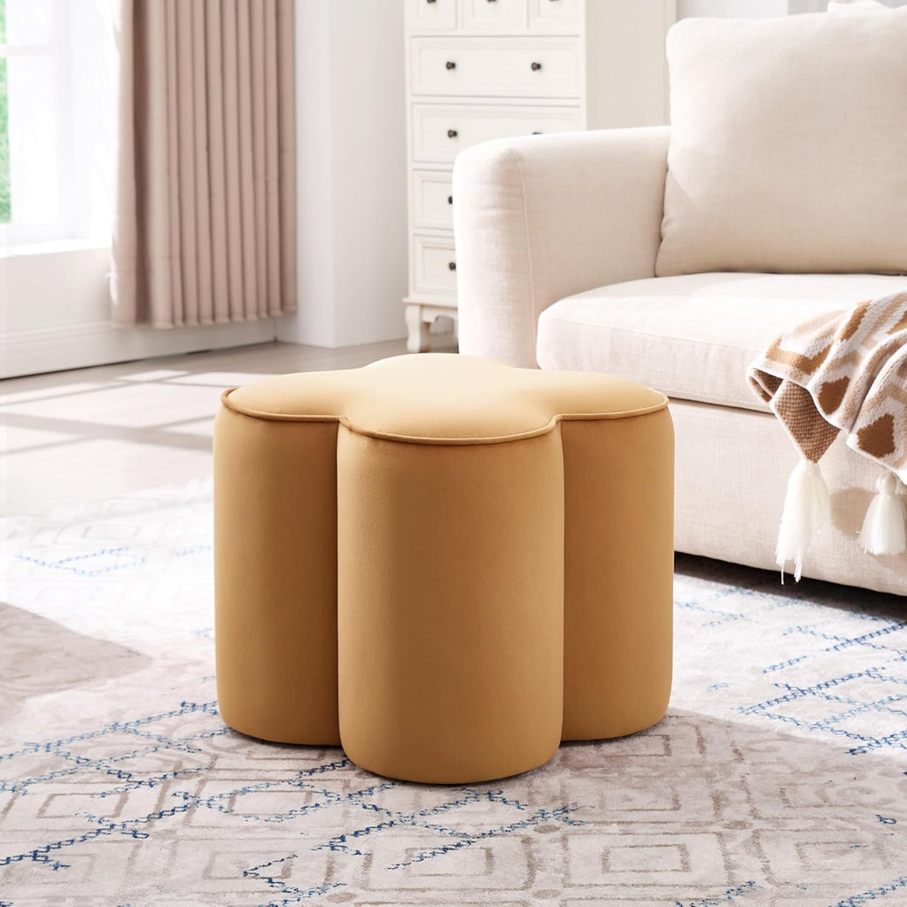 Zesthouse Flower Pouf Ottoman Foot Rest, Velvet Fabric Poofy Ottoman Footstool for Couch Sofa, Modern Living Room Stool Seat for Under Entry Table, Cute Square Vanity Stool for Bedroom Dorm, Camel