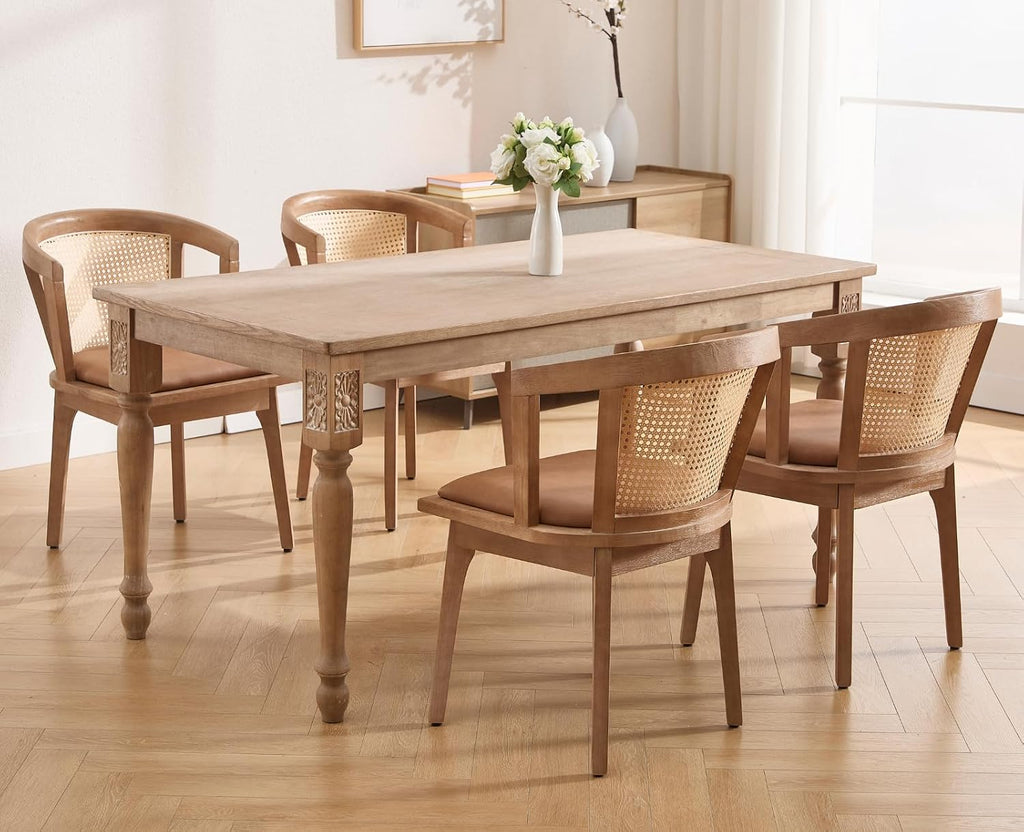 CIMOTA Mid-Century Modern Rattan Wood Dining Chairs Set of 4, Farmhouse Kitchen Chairs with Barrel Cane Backrest/Leather Upholstered Seat/Oak Finish for Dining Room/Cafe/Bistro,PU Brown