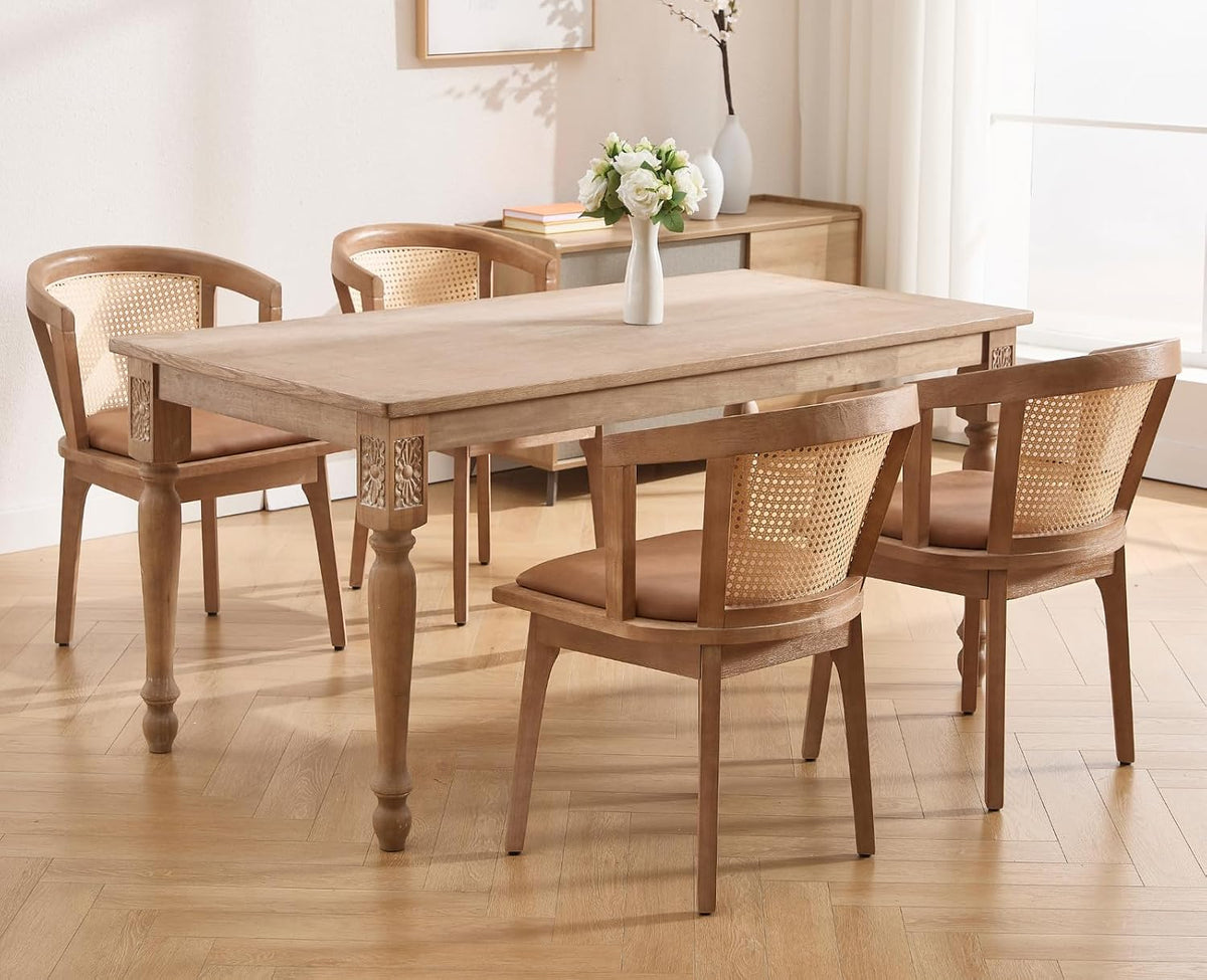 CIMOTA Mid-Century Modern Rattan Wood Dining Chairs Set of 4, Farmhouse Kitchen Chairs with Barrel Cane Backrest/Leather Upholstered Seat/Oak Finish for Dining Room/Cafe/Bistro,PU Brown