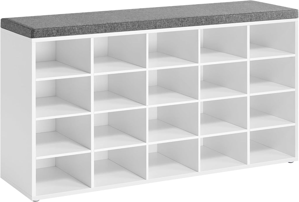 VASAGLE Custos Collection - Shoe Bench, Storage Bench with Padded Seat, Entryway Bench with 20 Compartments, for Bedroom, 12 x 47.2 x 24.7 Inches, Cloud White and Dove Gray ULHS045WB01