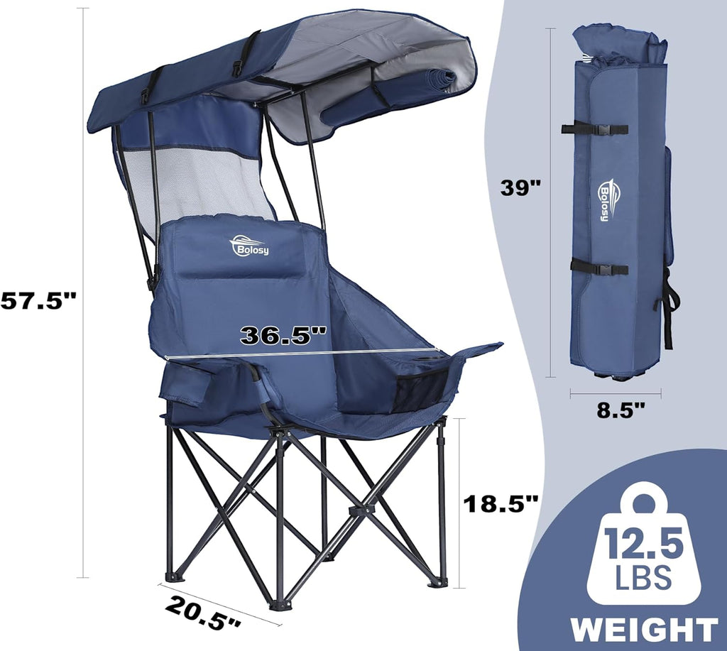 Bolosy Oversized Camping Chair with Canopy Beach Chair with Sun Shade | Folding Lawn Chair with Shade, Portable Canopy Chair for Camping, Beach, Picnics, Fishing, Sports, Support 400lbs, Blue