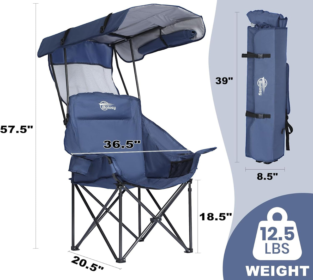Bolosy Oversized Camping Chair with Canopy Beach Chair with Sun Shade | Folding Lawn Chair with Shade, Portable Canopy Chair for Camping, Beach, Picnics, Fishing, Sports, Support 400lbs, Blue