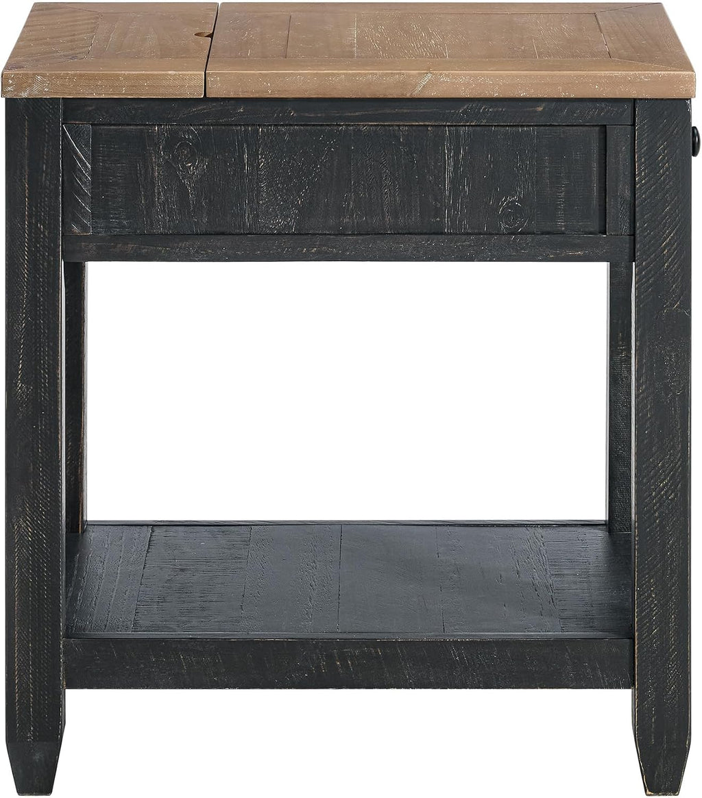 Martin Svensson Home Napa Farmhouse Chairside End Table with Charging Station, Solid Wood Narrow Side Table with Drawer & Shelf, Rustic Accent Table for Living Room or Bedroom. Black and Driftwood.