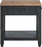 Martin Svensson Home Napa Farmhouse Chairside End Table with Charging Station, Solid Wood Narrow Side Table with Drawer & Shelf, Rustic Accent Table for Living Room or Bedroom. Black and Driftwood.