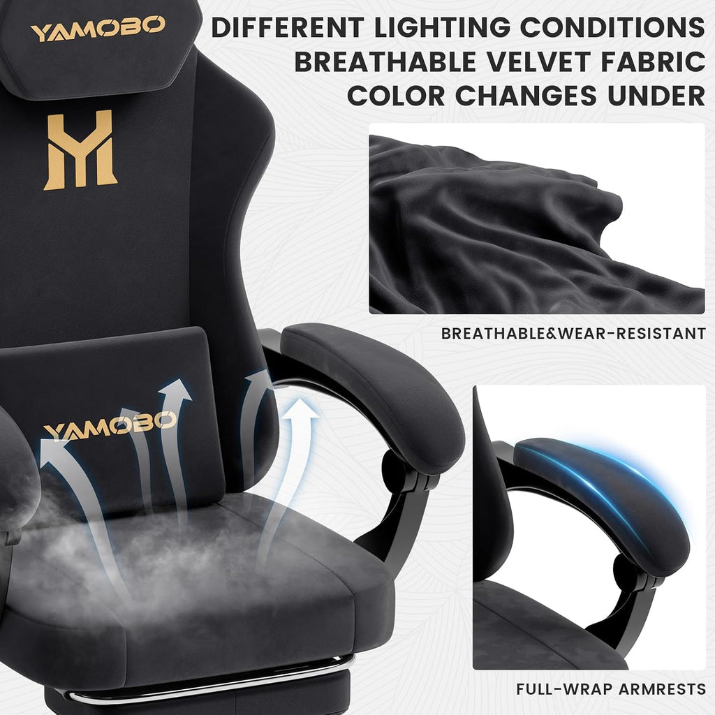 Gaming Chair with Footrest, Game Chair with Lumbar and Headrest Massage Support for Adults, Ergonomic Fabric High Back Computer Desk Gamer Chair with 360°Swivel Wheels for Office, Black