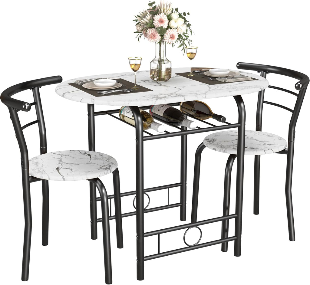 JUMMICO 3-Piece Wooden Round Table & Chair Set (White/Black) | Kitchen Breakfast Nook Wood Grain Tabletop with Metal Frame and Built-in Wine Rack for Kitchen, Dining Room