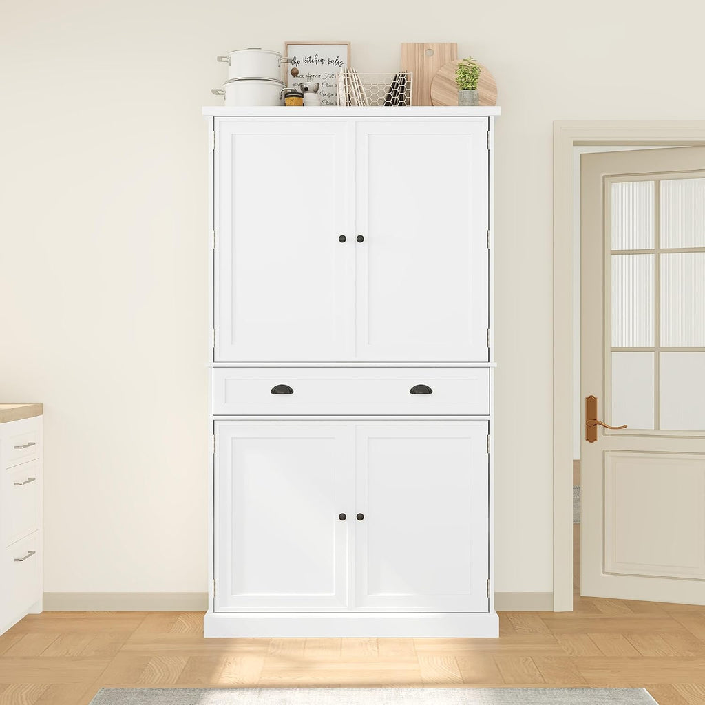 Polibi Freestanding Pantry Cabinet with 4 Doors & 1 Drawer, 3 Adjustable Shelves & Pull-Out Trays, Shaker Style Kitchen Storage for Dining Room, Living Room, Entryway (White)
