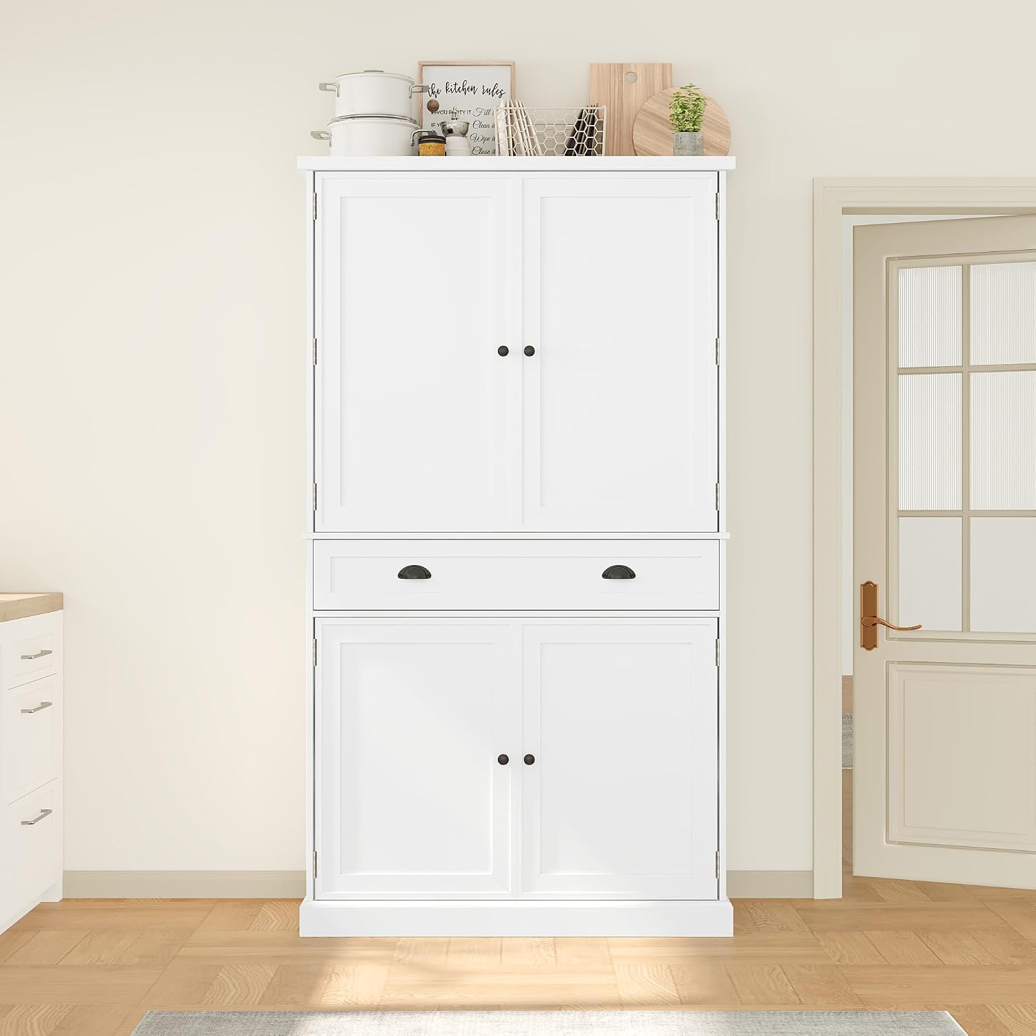 Polibi Freestanding Pantry Cabinet with 4 Doors & 1 Drawer, 3 Adjustable Shelves & Pull-Out Trays, Shaker Style Kitchen Storage for Dining Room, Living Room, Entryway (White)