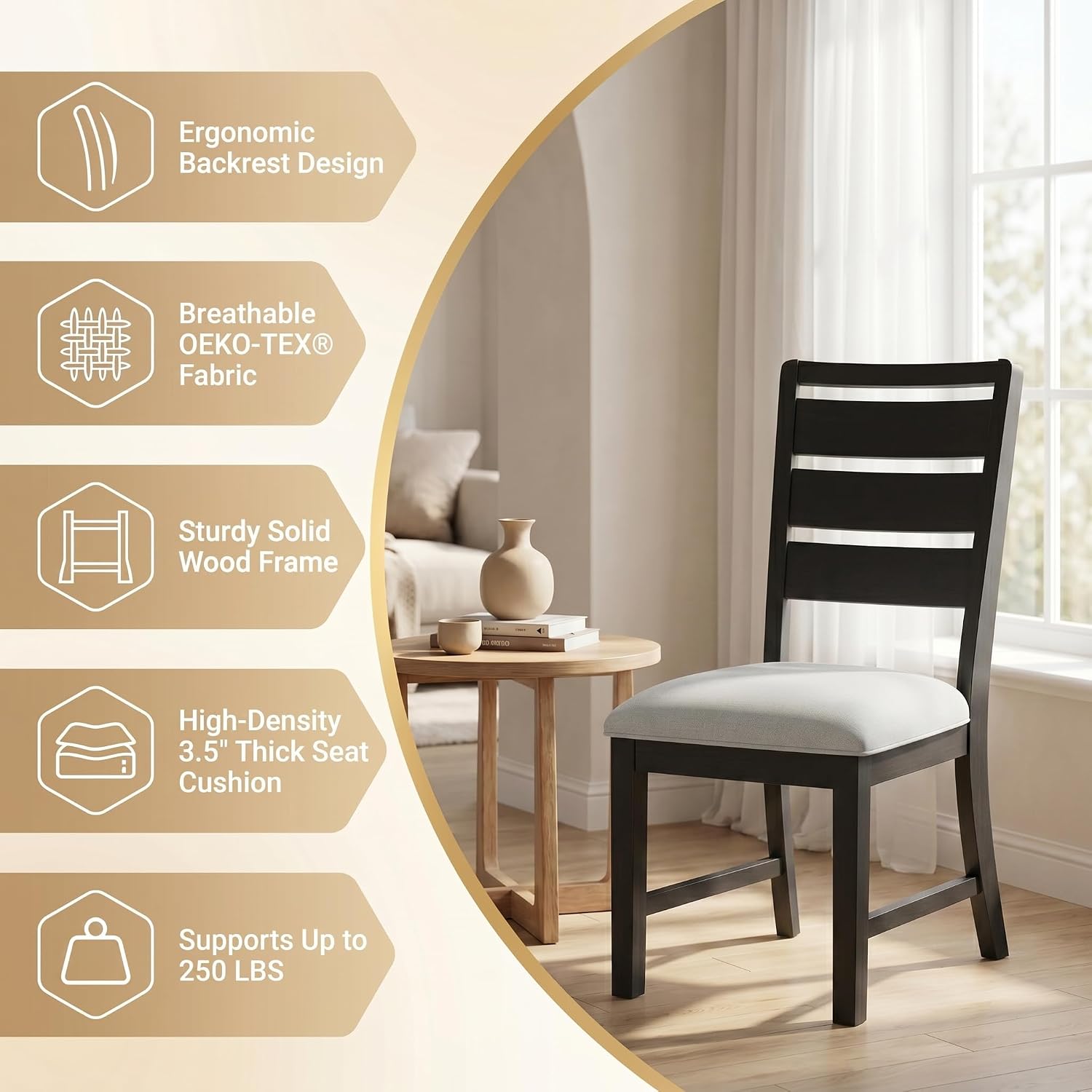 COLAMY Modern Dining Chairs Set of 4, Breathable Fabric Kitchen Chairs with High-Resilience Cotton Padding, Ergonomic Solid Wood Legs Accent Seating for Living Room 250LBS,Black