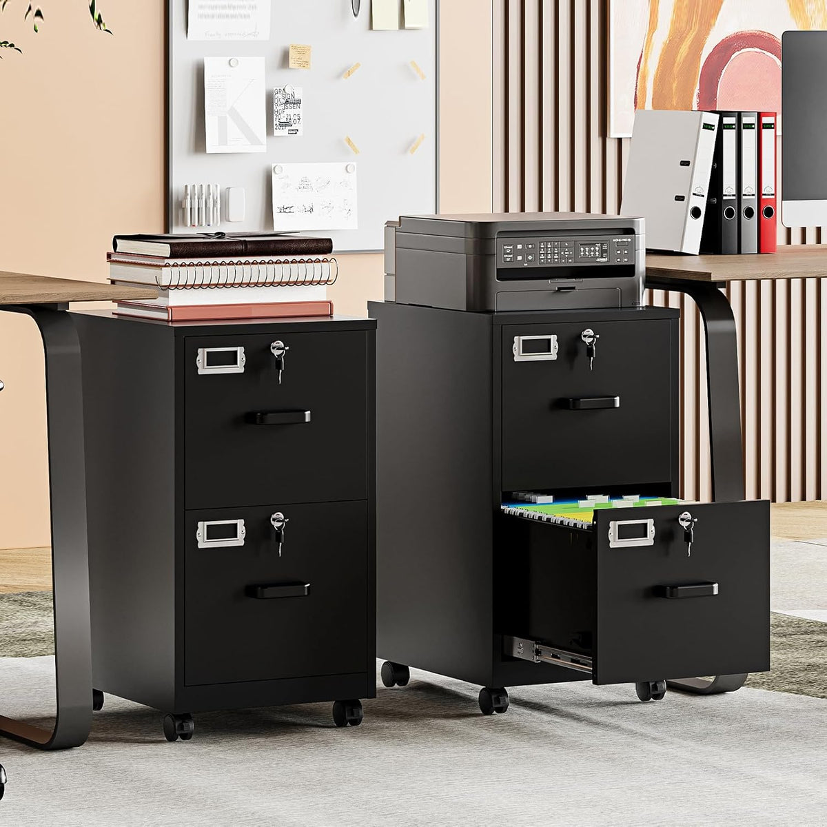 MIIIKO 2 Drawer File Cabinet with Lock, Vertical Metal Filing Cabinets for Home Office, Lockable Storage File Cabinets Under Desk, A4/Letter File Folders(Black)-Assembly Required