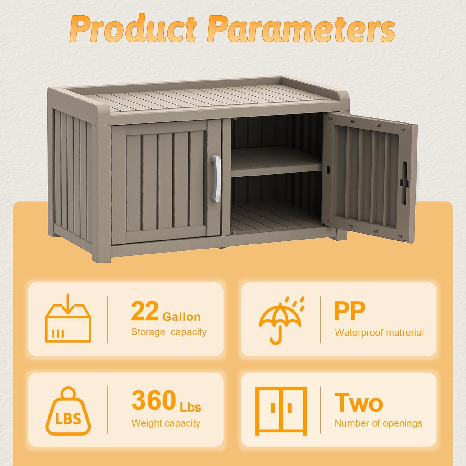 2-Tier Storage Bench, Waterproof UV-Resistant Outdoor Shoe Storage Cabinet, Outdoor Shoe Rack with 2 Doors & Adjustable Shelves for Indoor Outdoor Entryway, Hallway, Living Room (Grey)