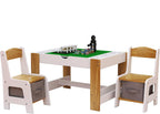GDFStudio Kids 2-in-1 Activity Table & 2 Chairs Set LEGO-Compatible Play Table with Whiteboard Top, Storage Compartments & Canvas Drawer Chairs, Wooden Learning Desk Furniture for Playroom, White