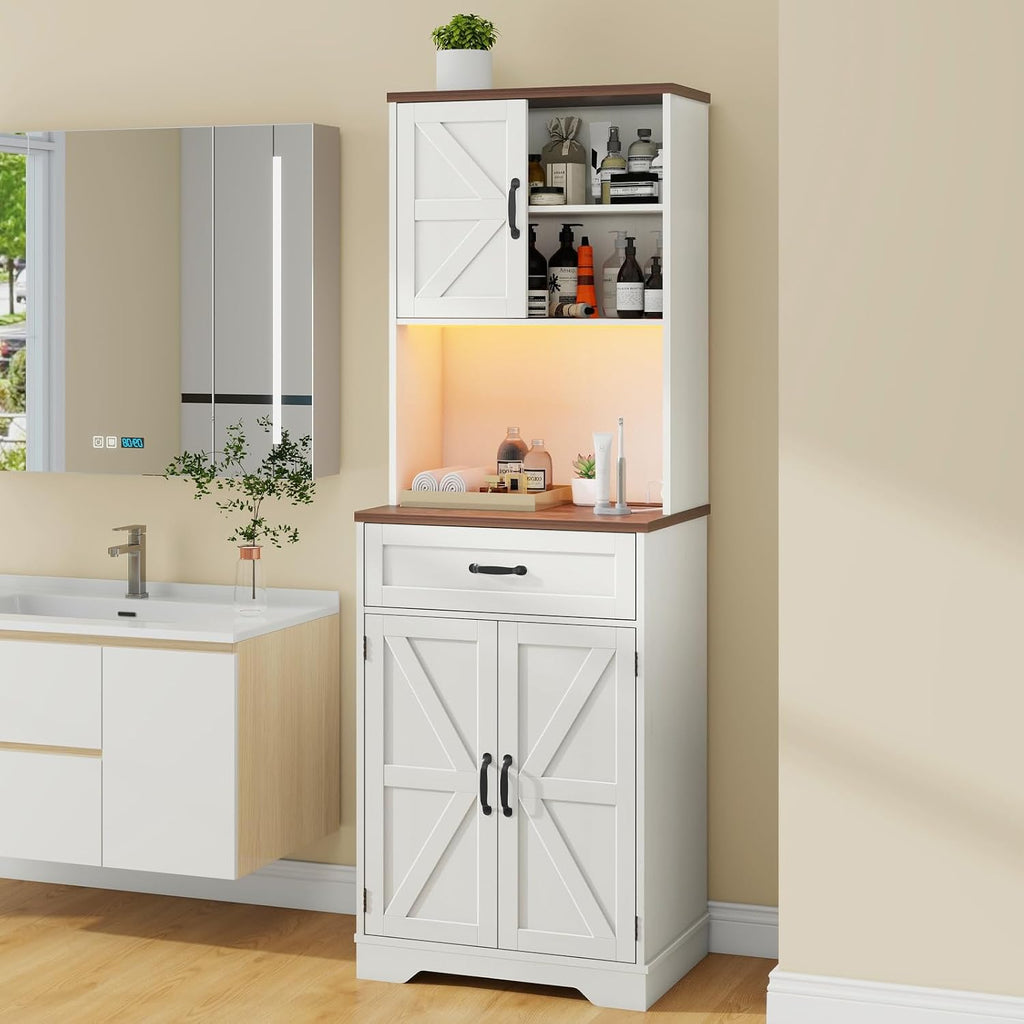 Vabches 68" Farmhouse Storage Cabinet with LED Light & Charging Station, Tall Kitchen Pantry Storage Cabinet with Storage Drawers, Coffee Bar with Hutch for Home Dining Living Room, Rustic White