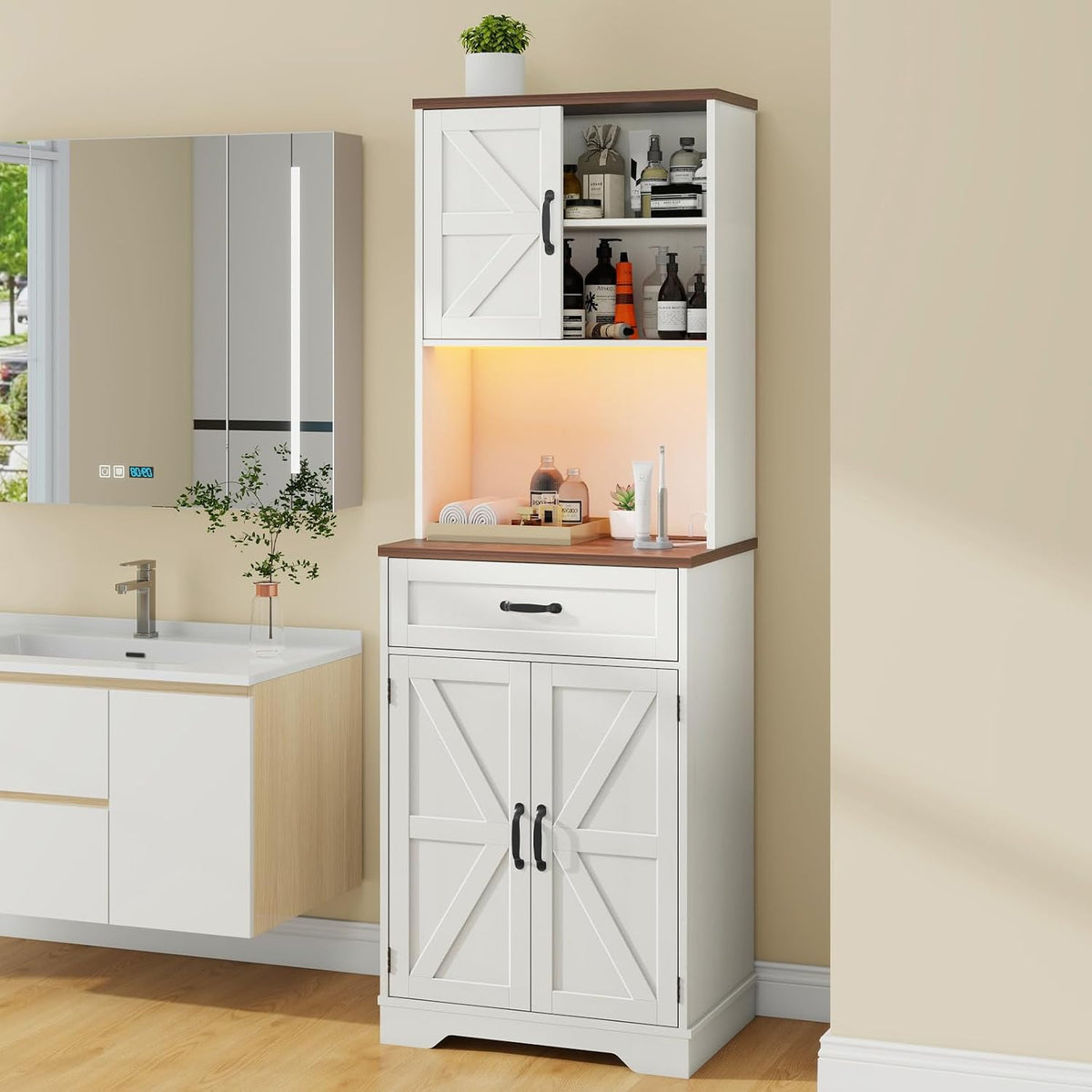 Vabches 68" Farmhouse Storage Cabinet with LED Light & Charging Station, Tall Kitchen Pantry Storage Cabinet with Storage Drawers, Coffee Bar with Hutch for Home Dining Living Room, Rustic White