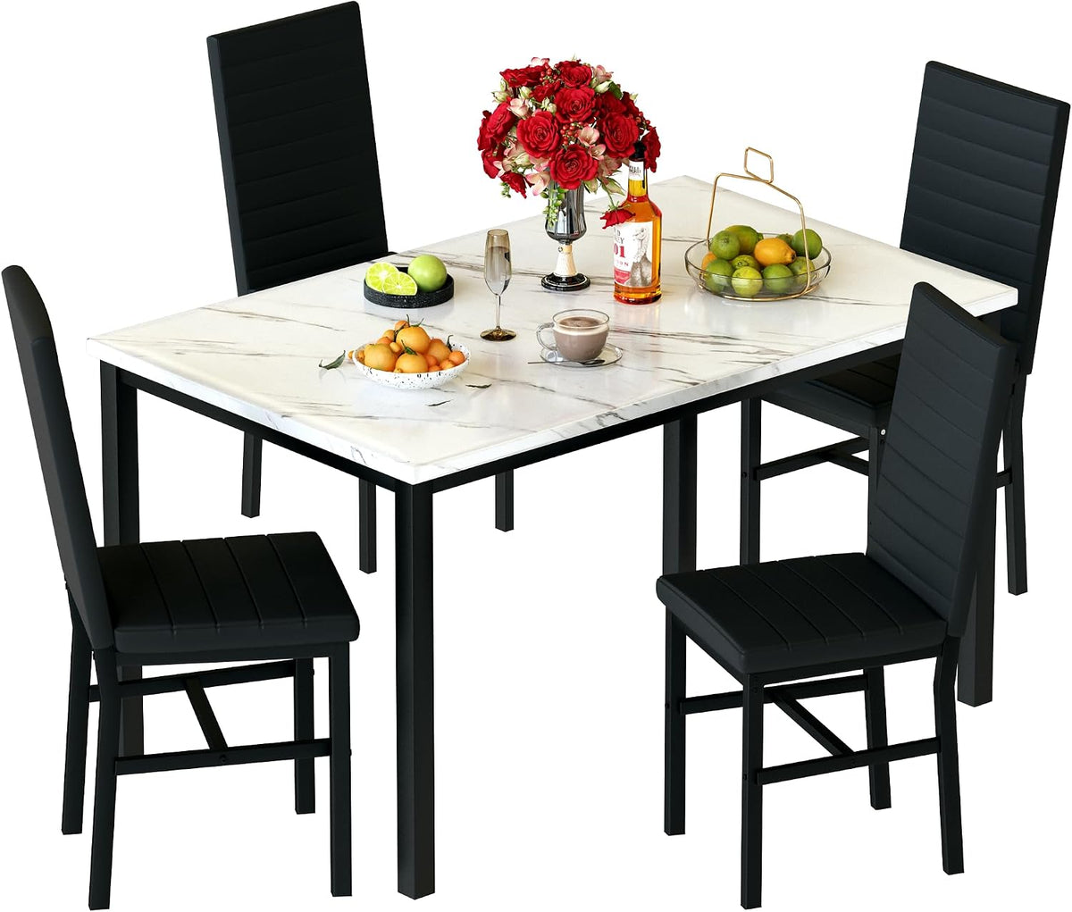 Hooseng Dining Table Set for 4, 5-Piece Faux Marble Dinner Table Set with 4 Upholstered PU Leather Chairs Kitchen Table Chairs Set Modern Space-Saving Dinette Set for Breakfast Nook Apartment Black