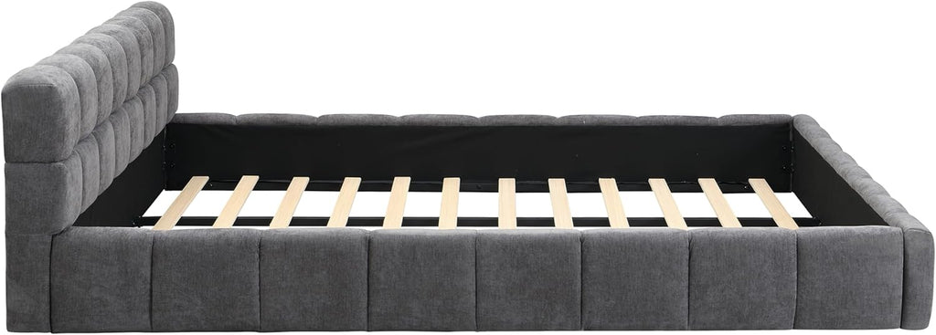 Merax King Size Elegant Chenille Upholstered Platform Bed with Thick Headboard and Footboard, Block Style Upholstery Grounded Bed Frame, Gray