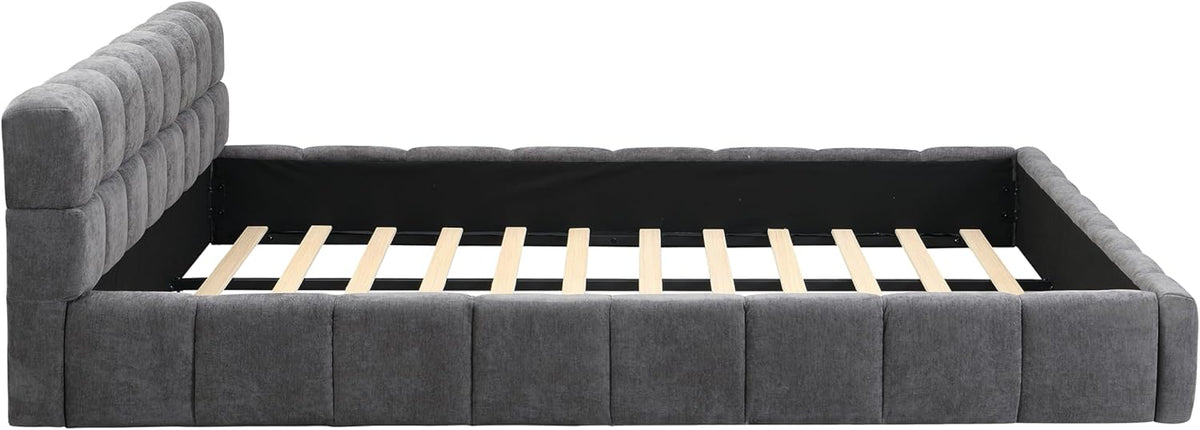 Merax King Size Elegant Chenille Upholstered Platform Bed with Thick Headboard and Footboard, Block Style Upholstery Grounded Bed Frame, Gray