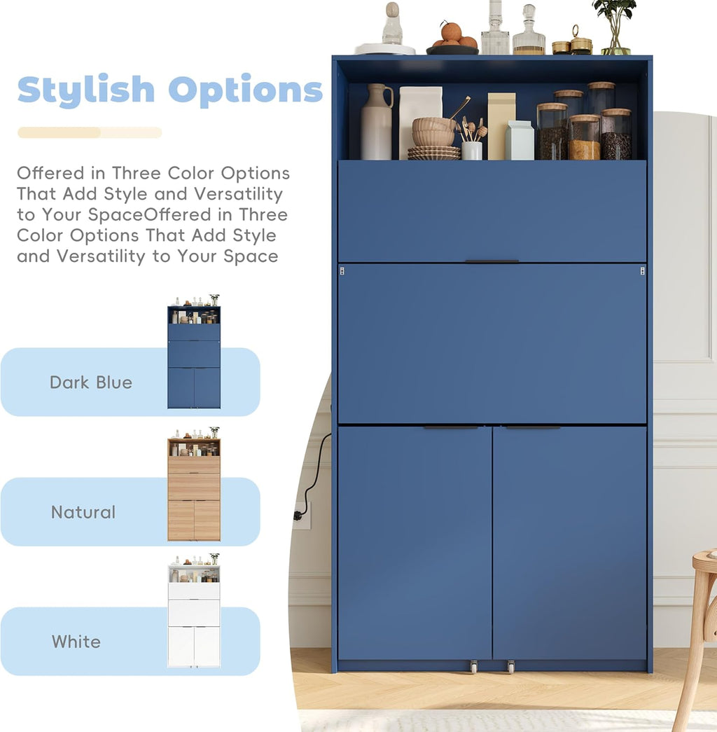 MERITLINE Compact Kitchen Pantry with Hutch and Foldable Workstation, Multifunctional 69''H Buffet Storage Cabinet with Adjustable Shelf & Power Outlet for Dining Living Room (Dark Blue)