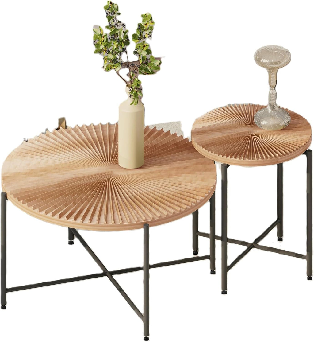 2-Piece Rustic Coffee Table and End Side Table Set, Radial Pattern Waterproof MDF Tabletop with PVC Cover, Distressed Cylindrical Shape, Black Metal Legs, Living Room Accent Furniture,Red Cedar-Brown