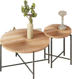 2-Piece Rustic Coffee Table and End Side Table Set, Radial Pattern Waterproof MDF Tabletop with PVC Cover, Distressed Cylindrical Shape, Black Metal Legs, Living Room Accent Furniture,Red Cedar-Brown