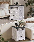 Eondon 18" Farmhouse Nightstand with Charging Station, 2 Drawers Bedside Table with Open Shelf, End Table with Storage Wood Rustic Bedside Cabinet Side Table for Living Room and Bedroom, White