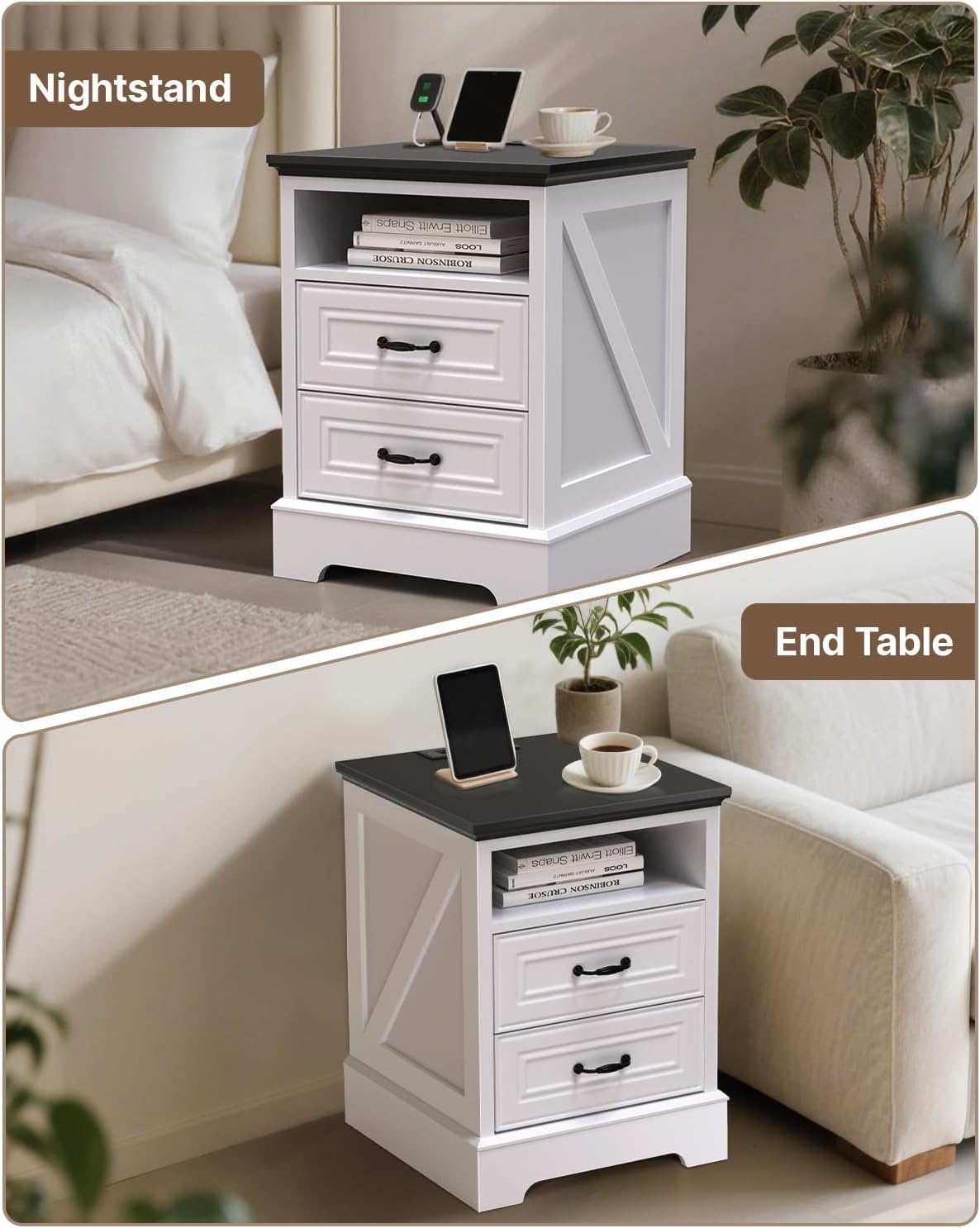 Eondon 18" Farmhouse Nightstand with Charging Station, 2 Drawers Bedside Table with Open Shelf, End Table with Storage Wood Rustic Bedside Cabinet Side Table for Living Room and Bedroom, White