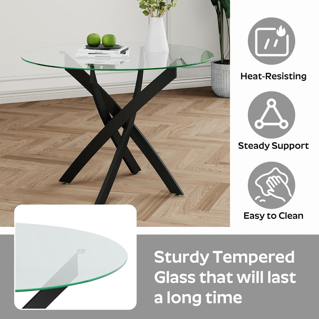 36" Round Dining Table Set for 4, Small Round Kitchen Table with 4 Boucle Dinner Chairs, Modern Circle 5 Piece Glass Dining Table with Metal Legs(White&Black)