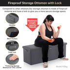 ENGPOW Storage Ottoman, Fireproof Folding Bench with Lock(15”x 43”x15”), Water-Resistant ＆ Heat Insulation Large Storage Chest with Handles＆2 Extra Spaces Safe for Living Room, Bedroom, Home, Grey
