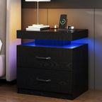 Black Nightstand with Charging Station, Modern Night Stand with LED Lights, End Table Bedside Table with 2 Drawers for Bedroom, Living Room