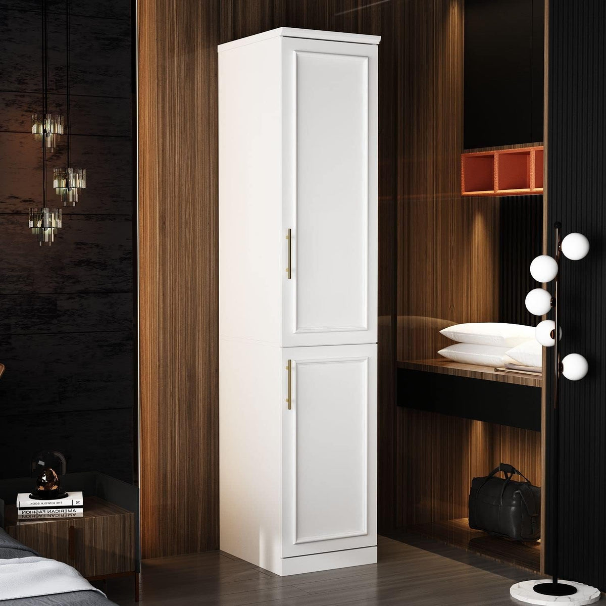 Slim Wardrobe Armoire with Clothing Rod and Storage Shelves, Narrow 2-Door Armoire Closet with Gold Handles, Shaker Style Tall Corner Clothing Cabinet, White 15.7" W x 19.3" D x 74.8" H