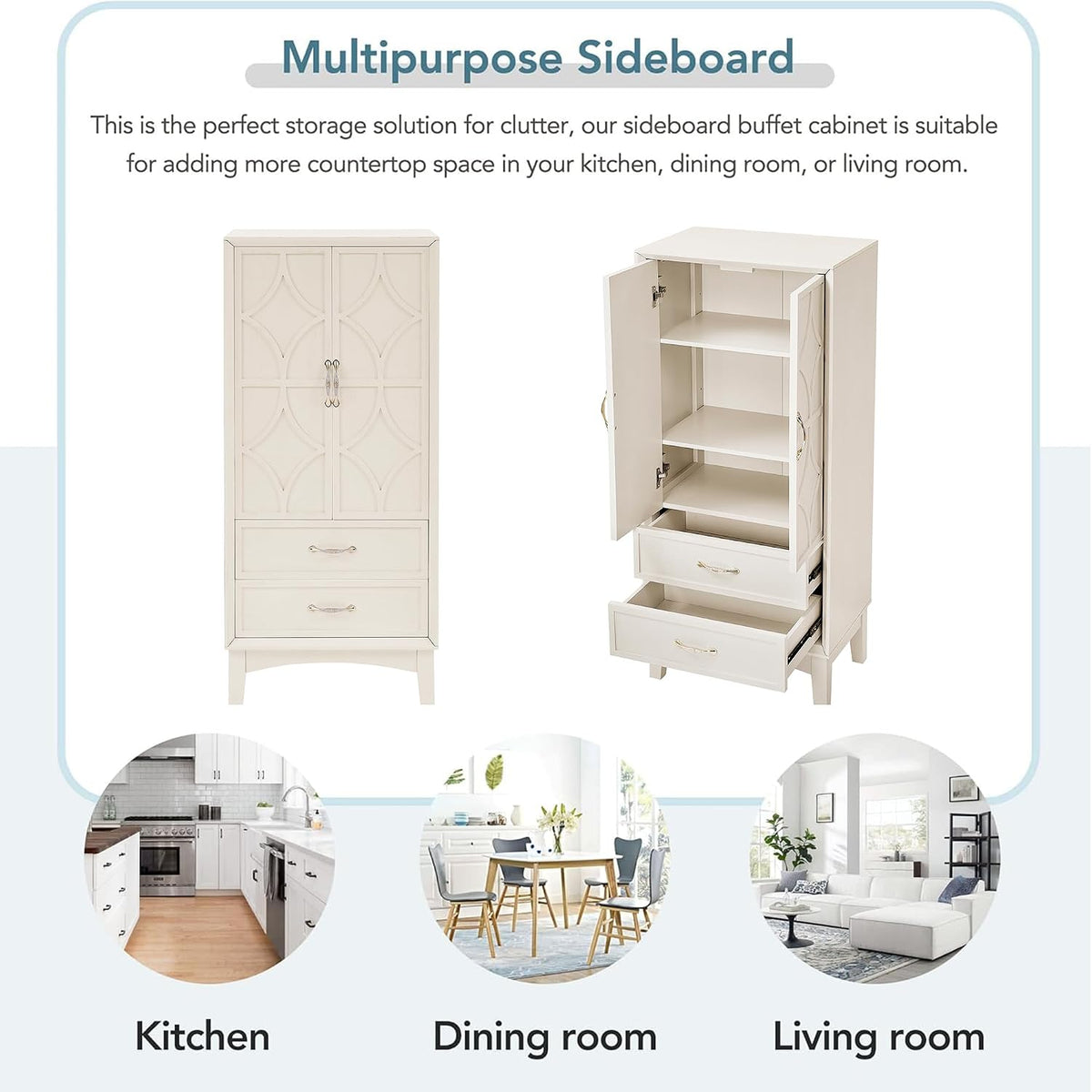 MERITLINE 53.5" Tall Kitchen Pantry Cabinet with Doors & Drawers, Mid Century Modern Sideboard Buffet Storage for Living Room, Entryway, Hallway & Garage (Antique White)