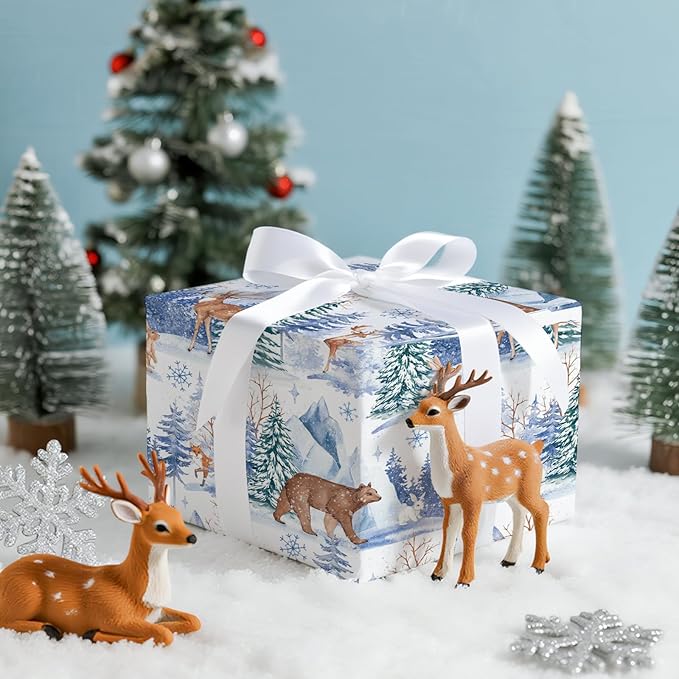 LeZakaa Christmas Wrapping Paper Roll, Winter Forest Animal Gift Wrap with Deer Bear Rabbit Snowflake Design, Watercolor Style, for Xmas Presents Family Gatherings, Holiday, Mini Roll 17 in x 16.4 Ft