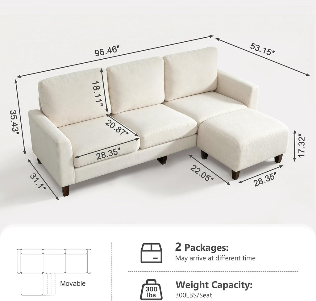 L Shaped Sectional Couch for Living Room, Modular Small Sofa with Ottoman | 96 Inch, 3 Deep Seats, White, Chenille, Easy Tool-Free Assembly, Modern Compact Sofa Set for Apartment, Office, Small Space