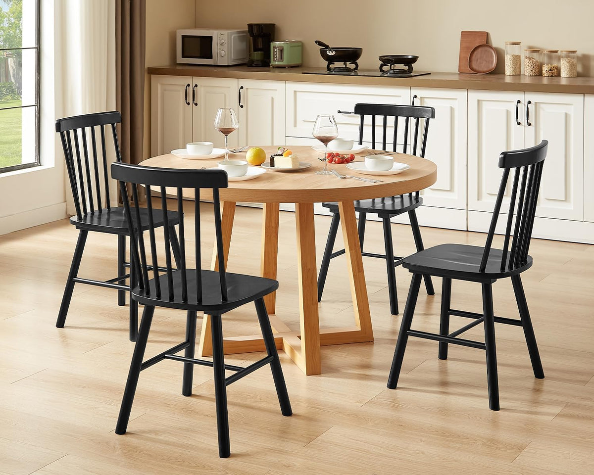 PrimeZone Windsor Dining Chairs Set of 4 with Spindle Back, Black | Solid Rubber Wood Farmhouse Kitchen Chair, Mid-Century Modern Side Dining Chair for Dining Room, Kitchen & Restaurant