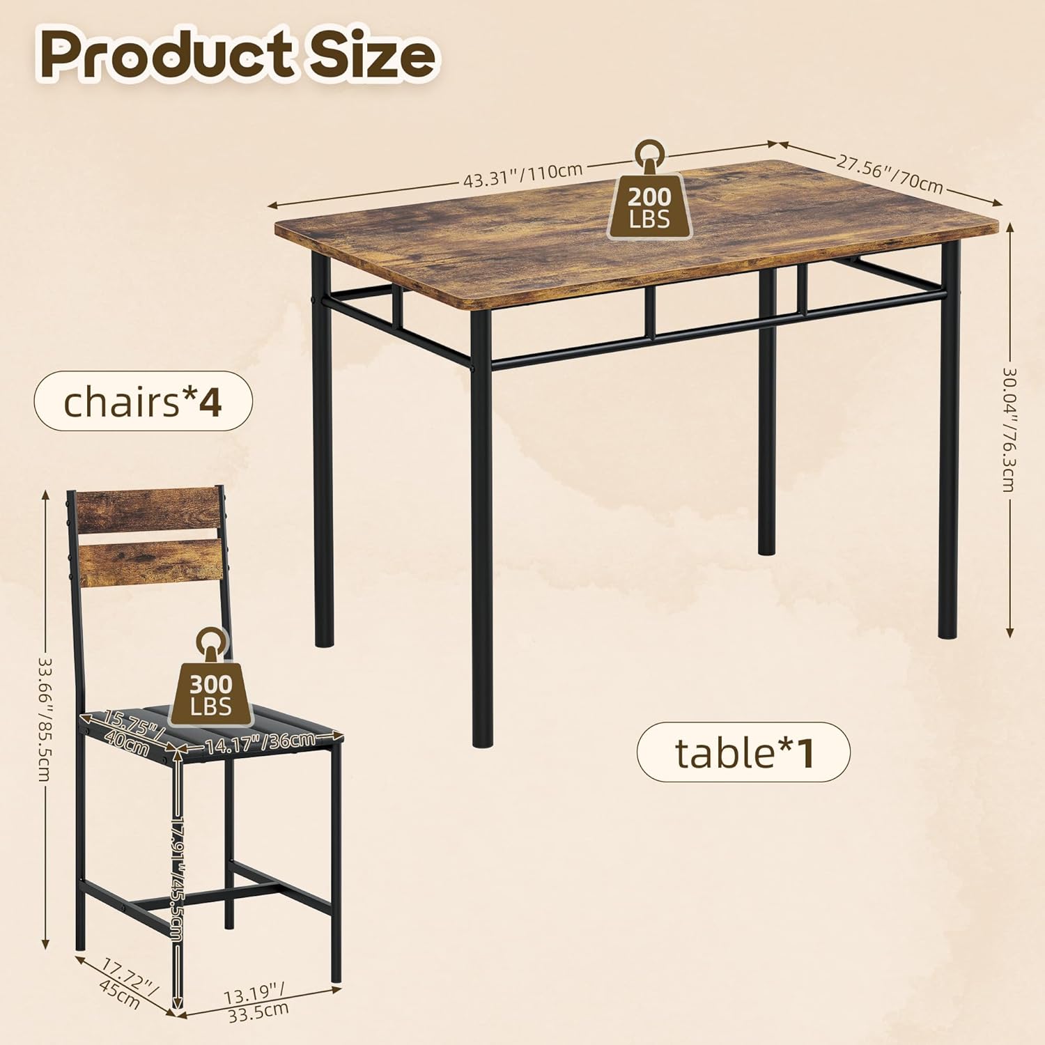 Kitchen Table Chairs Set of 4, 5-Piece Modern Dining Table Set | Kitchen Table and Chairs for Small Space with Upholstered Padded Chairs, Apartment, Rustic Brown