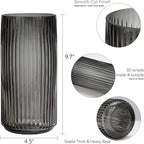 Flower Vase 9.5 inch Grey Thickened Hand Blow Glass Vase Round Vintage Striped Bottles for Bookshelf,Dinner Table,Indoor Office Desktop,Meeting Room,Bathroom,Countertop,Home