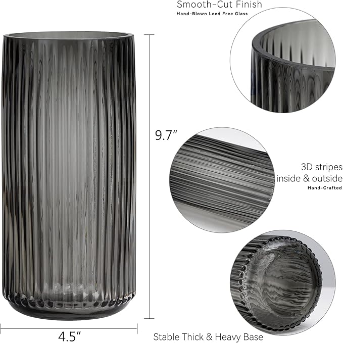 Flower Vase 9.5 inch Grey Thickened Hand Blow Glass Vase Round Vintage Striped Bottles for Bookshelf,Dinner Table,Indoor Office Desktop,Meeting Room,Bathroom,Countertop,Home