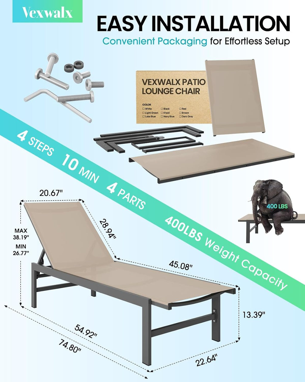 Vexwalx Pool Lounge Chairs Set of 2, Aluminum Lounge Chair Outdoor with 5-Position Recliner, Patio Chaise Lounge Outdoor for Backyard, Poolside, Deck (Khaki)