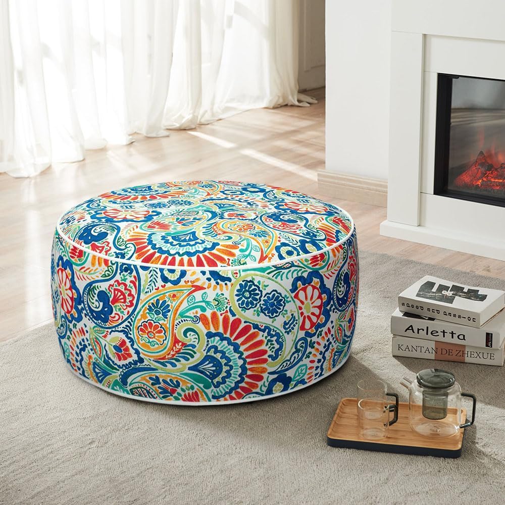 Magpie Fabrics Inflatable Stool Ottoman Pouf D20 xH9, Outdoor Round Footrest Footstool, Portable for Patio Garden Travel Camping - Paisley Multi