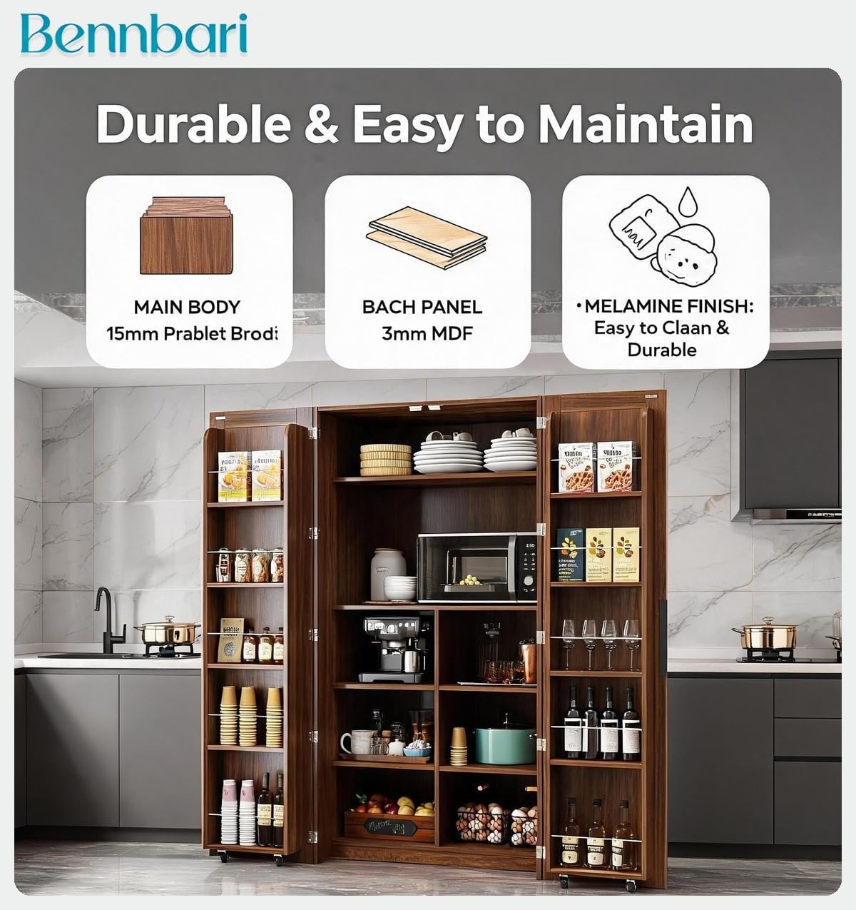 62.8" Tall Kitchen Pantry Cabinet with Shelves and Door Racks, Freestanding Food Cupboard Sideboard for Dining Room, Multifunctional Wooden Buffet Organizer (Walnut)