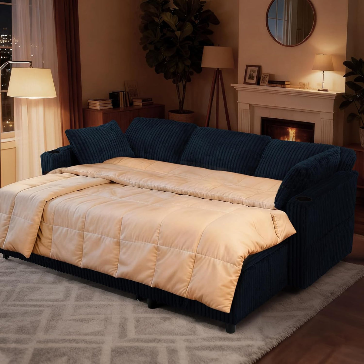 84" Corduroy Pull Out Sofa Bed w/Adjustable Backrests, Blue