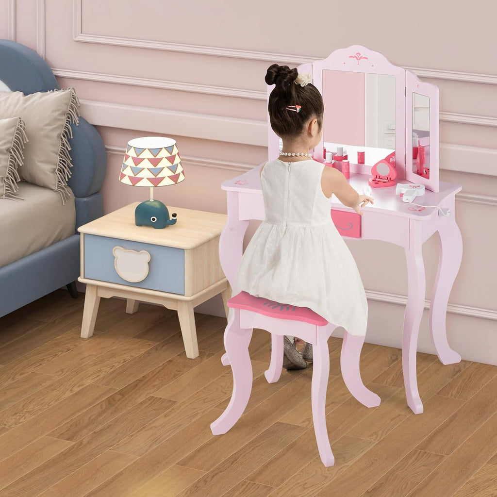 INFANS Kids Vanity, 2 in 1 Wooden Princess Makeup Table and Stool Set with Tri-Folding Detachable Mirror 10 Accessories, Toddler Pretend Beauty Dressing Play for Girls Aged 3+