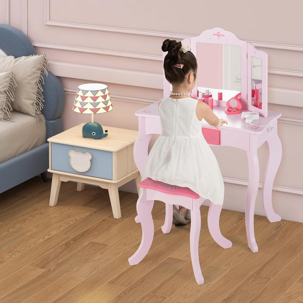 INFANS Kids Vanity, 2 in 1 Wooden Princess Makeup Table and Stool Set with Tri-Folding Detachable Mirror 10 Accessories, Toddler Pretend Beauty Dressing Play for Girls Aged 3+