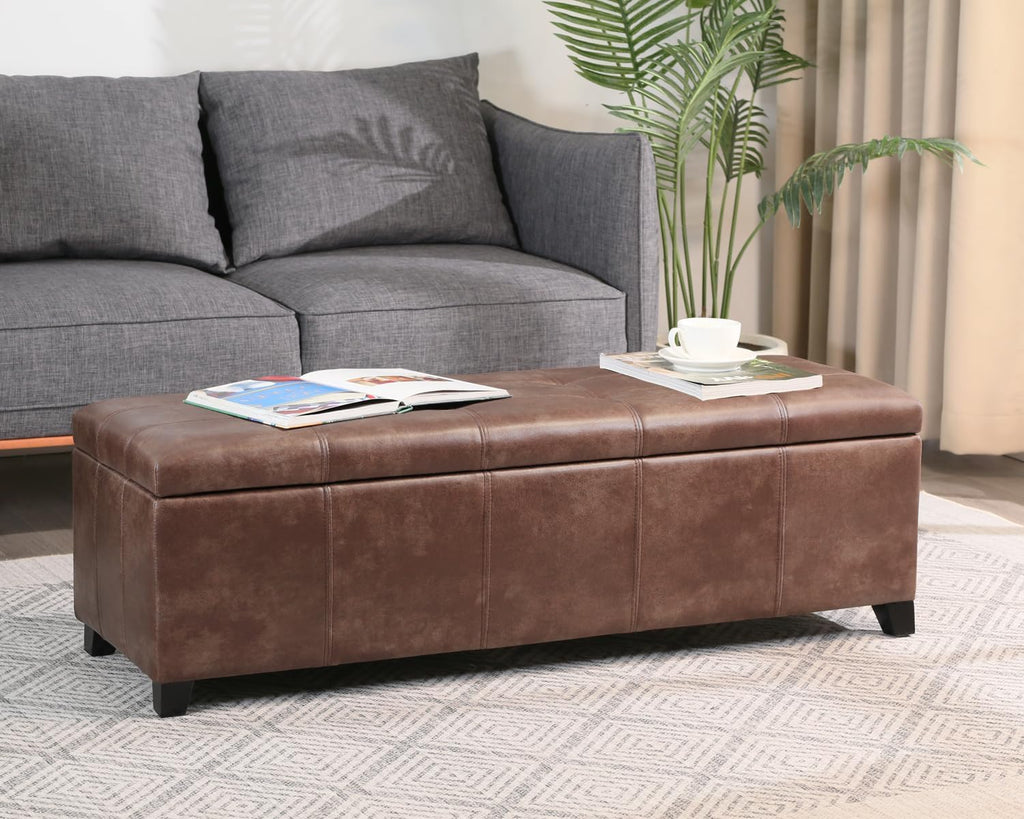 Homebeez 48" Faux Leather Storage Ottoman,End of Bed Bench,Upholstered Ottoman Bench with Storage for Living Room,Bedroom,Entryway