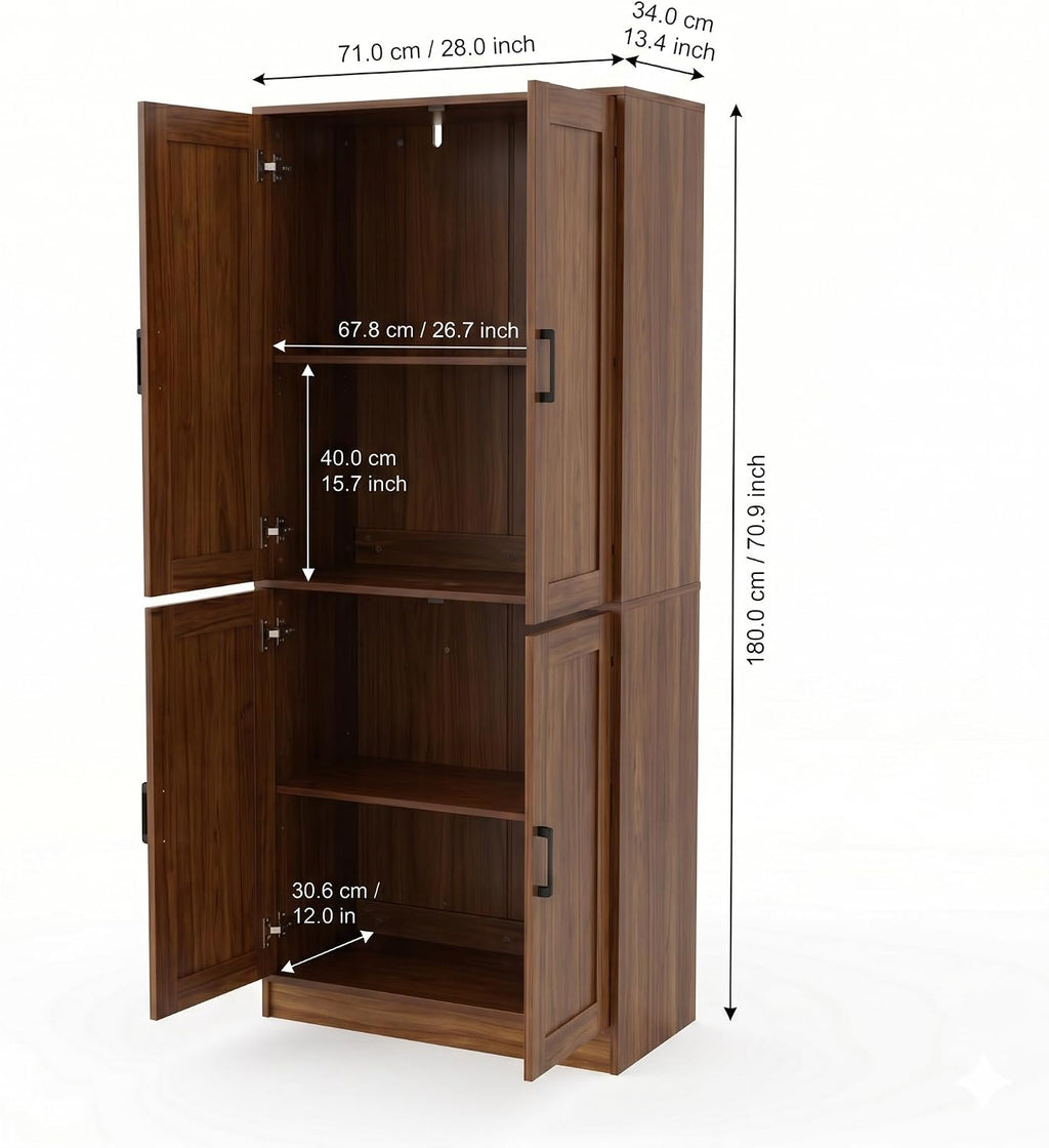 DIYART 71" Tall Kitchen Pantry Cabinet, Freestanding Food Storage Organizer with Doors & Adjustable Shelves, Large Utility Hutch Cupboard for Dining Room, Kitchen & Home Office, Rustic Brown