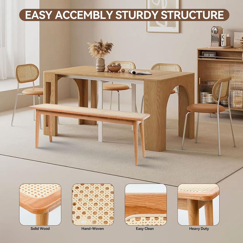 Entryway Bench, Solid Wood Kitchen Dining Bench, Mid Century Modern End of Bed Bench with Rattan Woven Top for Bedroom, Dining Room, Entry Way, 39.37" L x 11.2" W x 17.7" H, Natural