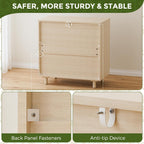 Rattan Sideboard Buffet Cabinet, Wood Storage Credenza Cabinet with Doors and Shelves, Boho Sideboard Cabinet with Curved Door for Living Room, Kitchen, Entryway, Beige