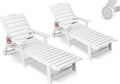 Patio Chaise Lounge Chair Set of 2, HDPE Outdoor Lounge Chairs with 5-Position Adjustable Backrest, Cup Holder and Wheels, 450lbs Capacity for Poolside Deck Backyard, All Weather Material(White)