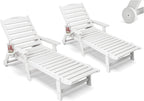 Patio Chaise Lounge Chair Set of 2, HDPE Outdoor Lounge Chairs with 5-Position Adjustable Backrest, Cup Holder and Wheels, 450lbs Capacity for Poolside Deck Backyard, All Weather Material(White)