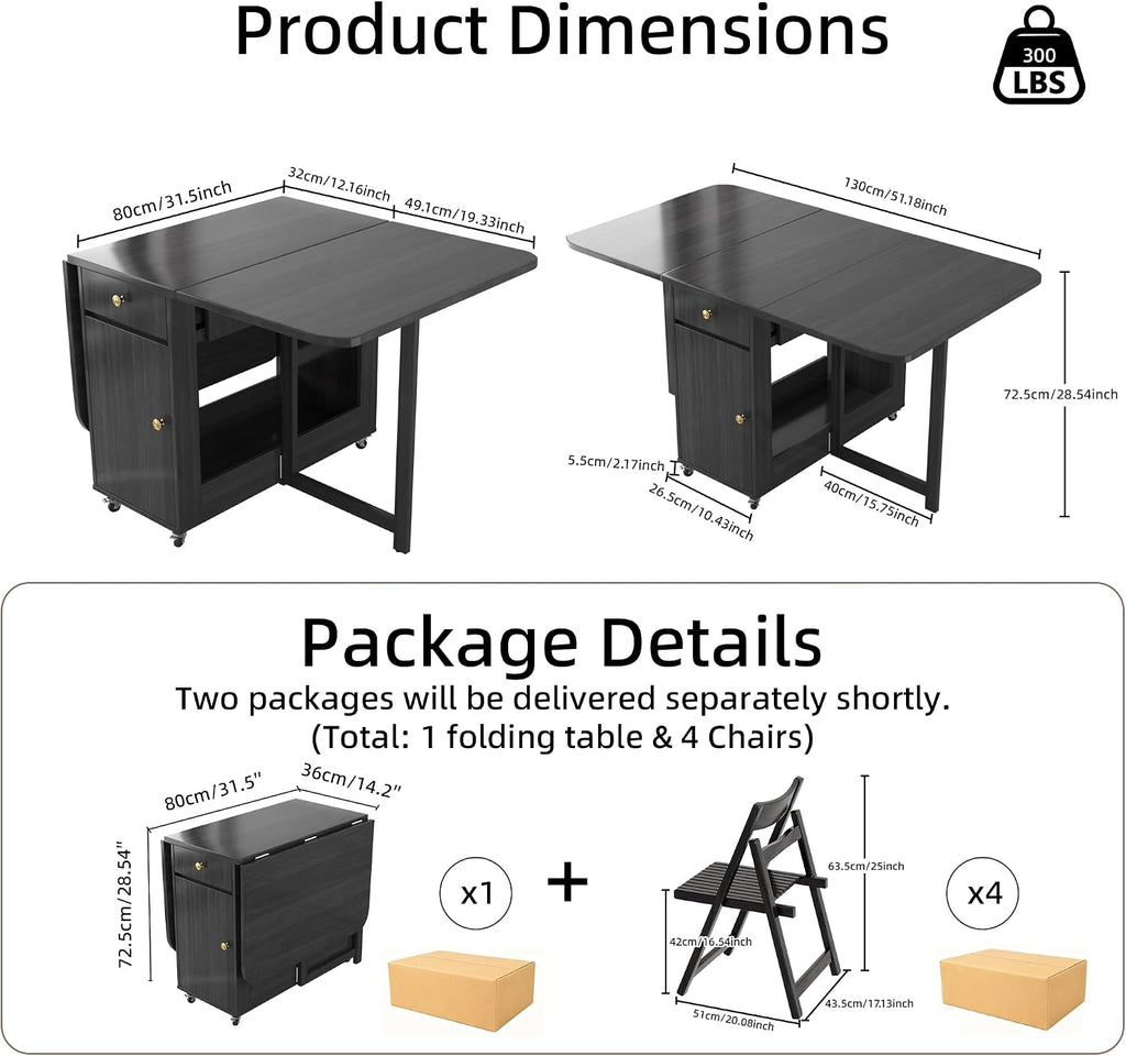 Folding Dining Table and Chairs - 51" Fully Assembled Drop Leaf Table 4-6 Seater with Storage and Lockable Wheels, Space-Saving Set with 4 Chairs for Kitchen or Dining Room (Black)